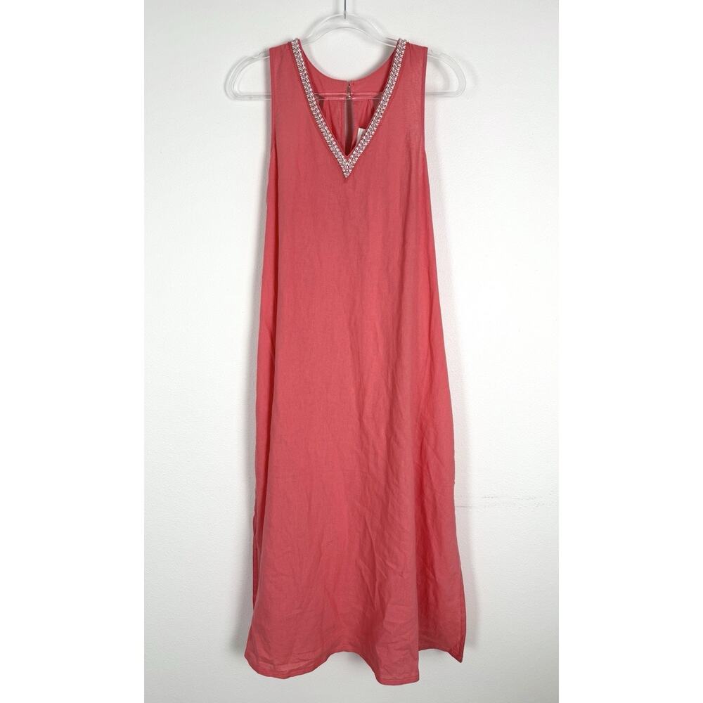 Calypso St Barth Maxi Dress Women’s Medium Linen Blend Coral Pink Beaded New - Picture 2 of 13